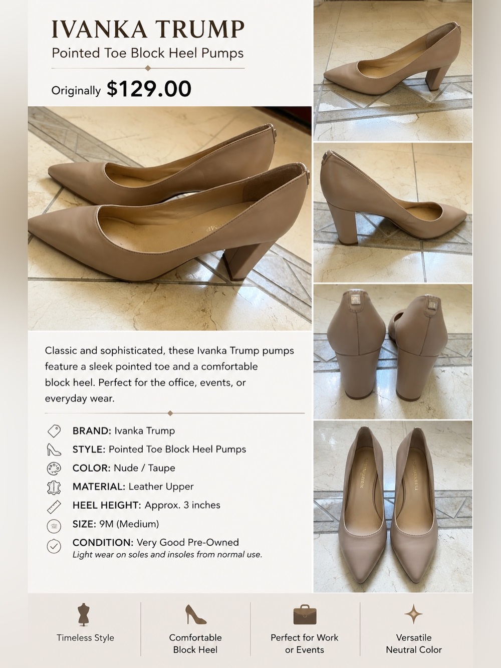 Ivanka Trump Nude/Taupe Leather Pointed Toe Block Heel Pumps – Size 9M